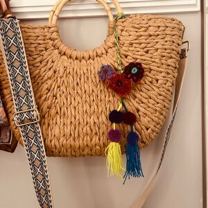 Haute Hippie Tan Woven Tote with Colorful Heart Charm